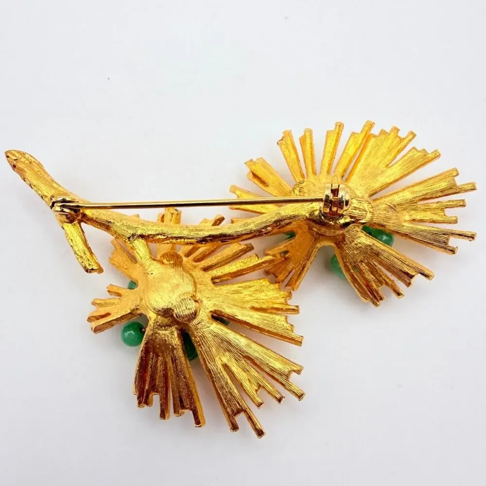 Vintage MCM Double Twin Flower Starburst Brooch Green Glass Textured Gold Tone